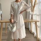 Lace Collar 3/4-sleeve Midi A-line Dress White - One Size