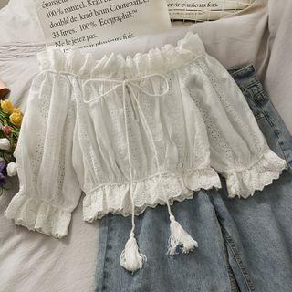 Eyelet Off-shoulder Ruffled-trim Crop Top With Tie White - One Size
