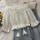 Eyelet Off-shoulder Ruffled-trim Crop Top With Tie White - One Size