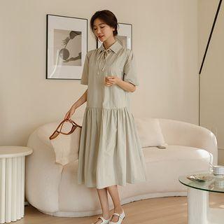 Tie-neck Shirred Long Dress