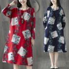 Floral Print Linen Long-sleeve Midi A-line Dress