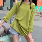 Long-sleeve Slit T-shirt Green - One Size