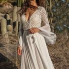 Long-sleeve Lace Panel Maxi A-line Dress White - S