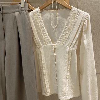 V-neck Lace-detail Blouse Cream - One Size