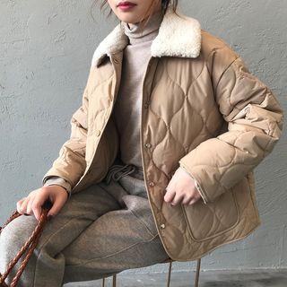 Fleece Collar Quilted Snap Button Jacket