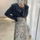 Long-sleeve Plain T-shirt / Floral Print Midi Skirt