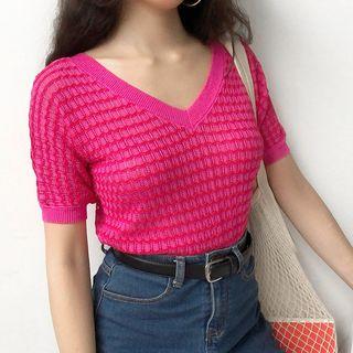 V-neck Short-sleeve Knit Top Red - One Size
