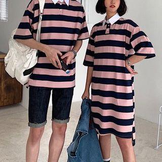 Couple Matching Striped Elbow-sleeve T-shirt / Dress
