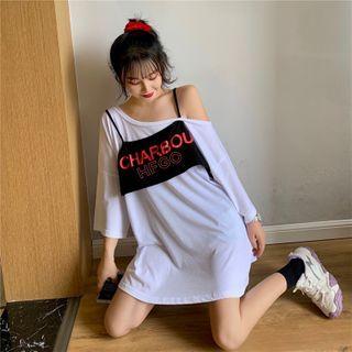 Asymmetric Shoulder Mock Two Piece Lettering Top