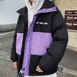 Lettering Color Block Padded Hooded Jacket