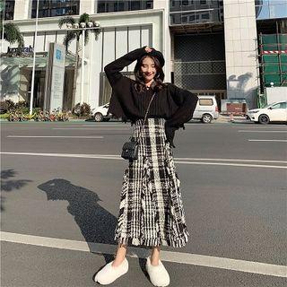 Color-block Plaid Fringed High-waist Skirt