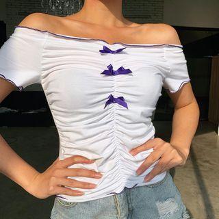 Bow Detail Off-shoulder Short-sleeve T-shirt