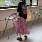 Short Sleeve Print T-shirt / Floral Ruched Midi A-line Skirt