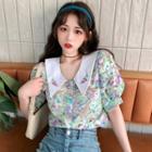 Collared Floral Print Short-sleeve Blouse