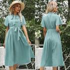 Short-sleeve Patterned Tie-neck Midi A-line Dress