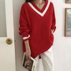 V-neck Contrast-trim Rib-knit Sweater