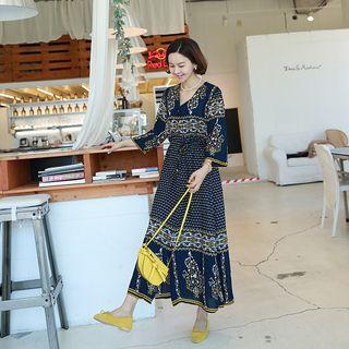 V-neck Pattern Long Shirtdress