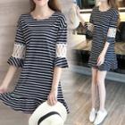 Perforated Striped 3/4 Sleeve Dress