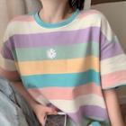 Short-sleeve Striped Flower Print T-shirt