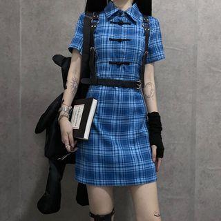 Plaid Short-sleeve Mini Collared Dress / Harness Belt