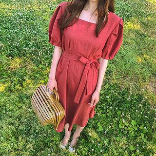 Puff-sleeve Long Dress With Sash
