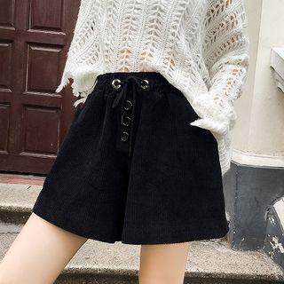 Plain Corduroy High-waist Lace-up Shorts