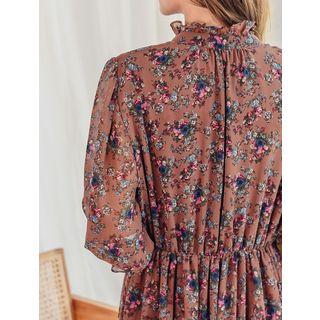 Plus Size Gathered-waist Patterned Chiffon Dress
