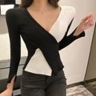V-neck Two-tone Ribbed Knit Top As Shown In Figure - One Size