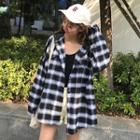 Hooded Plaid Buttoned Jacket Plaid - Black & White - One Size