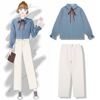 Bow Accent Blouse / Cropped Wide-leg Pants