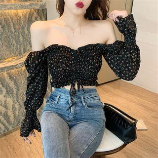 Flower Print Off-shoulder Blouse Black - One Size
