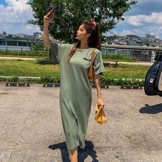 1950 Printed Slit-side Long T-shirt Dress