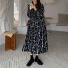 Plain Loose-fit Trench Coat / Long-sleeve Floral Print Dress