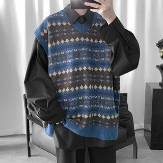 V-neck Contrast Argyle Knit Vest