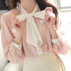 Contrast Tie-neck Faux-pearl Blouse