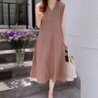 V-neck Sleeveless Pleated-yoke Linen Dress