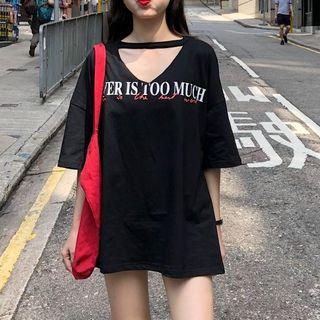 Cutout V-neck Letter Print T-shirt