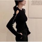Long-sleeve Beaded Cutout Knit Top Black - One Size