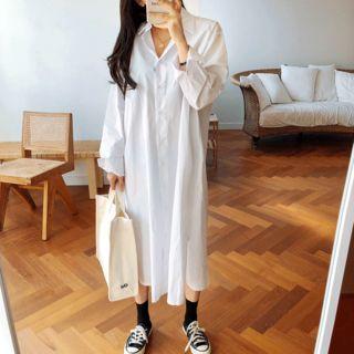 Slit-side Cotton Long Shirtdress