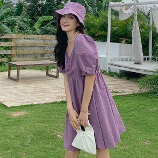 Plain Short-sleeve Cutout-back Mini A-line Dress