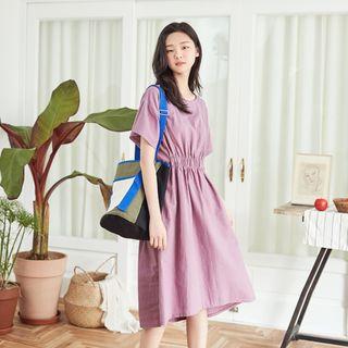 Round-neck Shirred-detail Linen Blend Dress