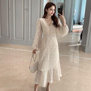 Fringed Long-sleeve Ruffle Hem A-line Midi Chiffon Dress