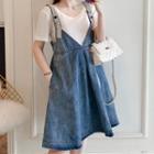 Set: Plain Short-sleeve T-shirt + Denim Suspender Skirt
