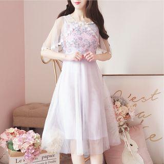 Elbow-sleeve Mesh Panel Mock Two-piece Midi Dress