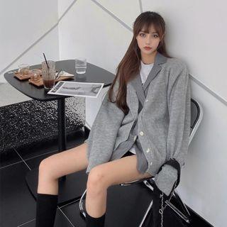 Mock Two-piece Knit Panel Button Jacket Gray - One Size