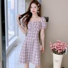 Puff-sleeve Plaid Single-breasted A-line Dress