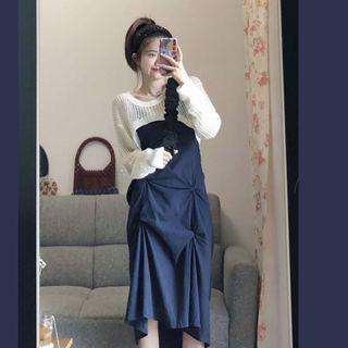 Spaghetti Strap Plain Midi Dress / Knit Shrug / Set
