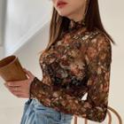 Long-sleeve Mock Neck Floral Top Brown - One Size