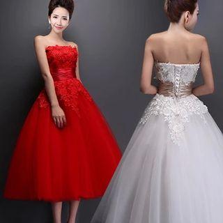 Strapless Lace Appliqu  Midi Prom Dress