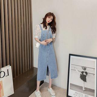 Puff-sleeve Lace Blouse / Denim Jumper Dress